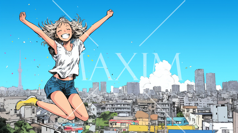 嬉しくて楽しくて飛び跳ねている若い女性