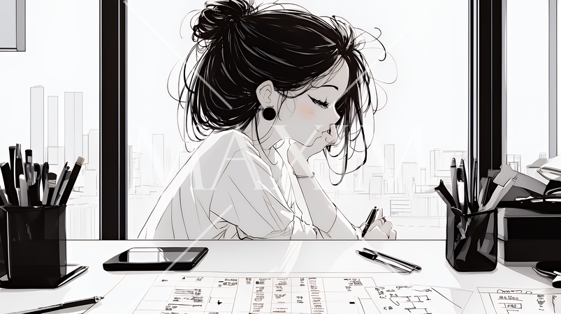 アイデアに行き詰まり思案中の女性（シンプルな色使い）