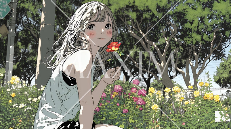 バラ園を散策している若い女性