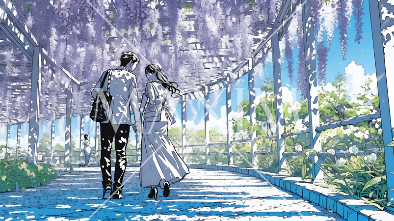 満開の藤の木の下でデートをしている若いカップル