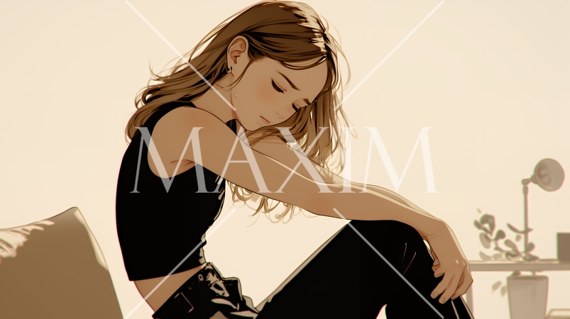 腹痛（生理痛）に苦しむ若い女性（シンプルな色使い）