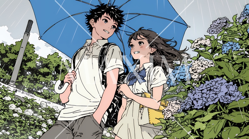 満開のあじさいの中を仲良く相合い傘で歩く若いカップル