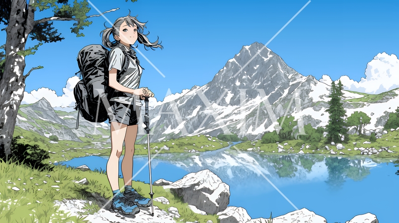 ソロハイキング（ソロ登山）を楽しんでいる若い女性