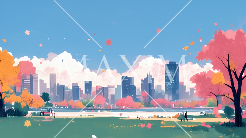 都市の町並みと青空（ポップでキュートな色使い）