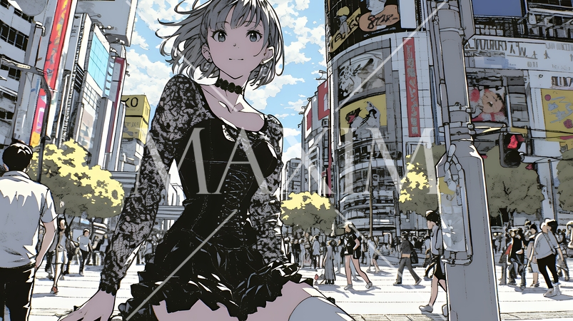 ゴシックロリータファッションで東京の町を歩く若い女性