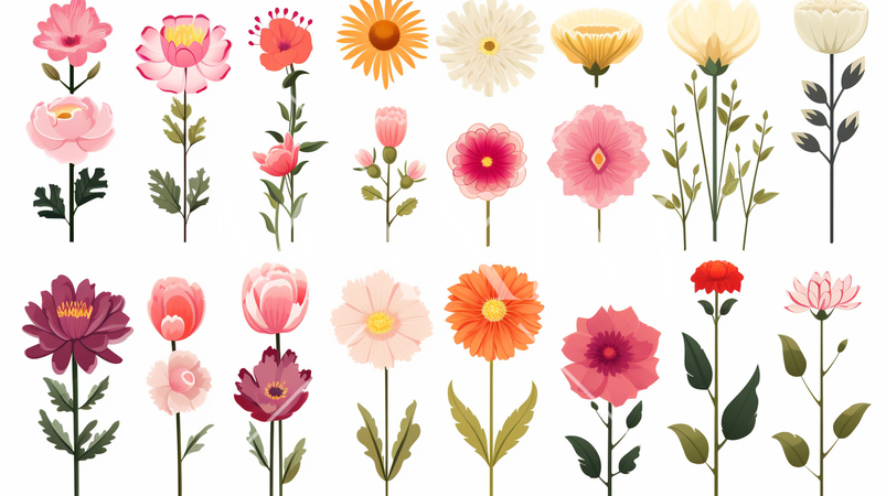 バリエーション豊かな色々な花のアイコンのリファレンスシート