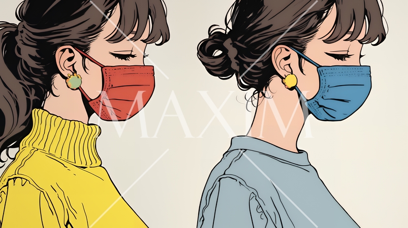 使い捨て不織布マスクをつけた若い女性