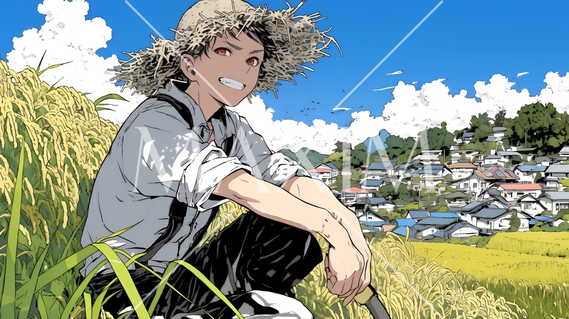 稲刈りをしている男性