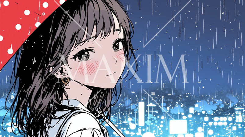 雨降りと夜景と傘を差した若い女性