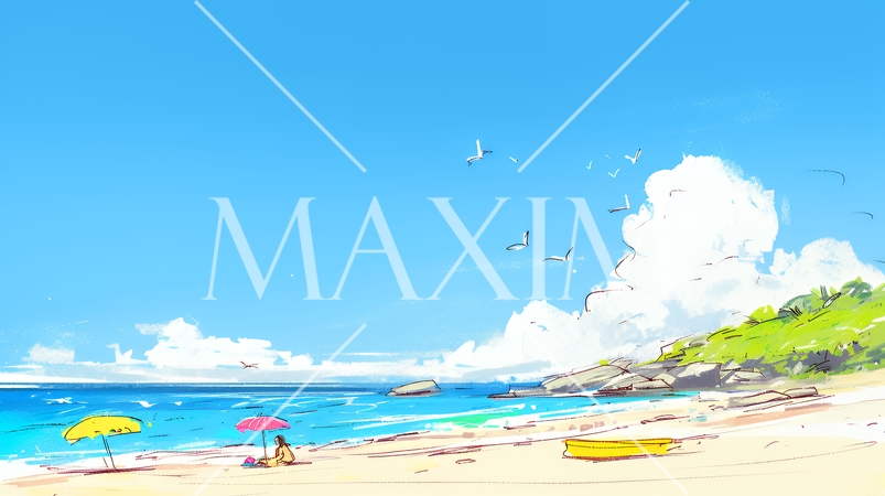 夏の青い空、青い海、白い雲と砂浜のコントラスト（クレヨン＋水彩画風）