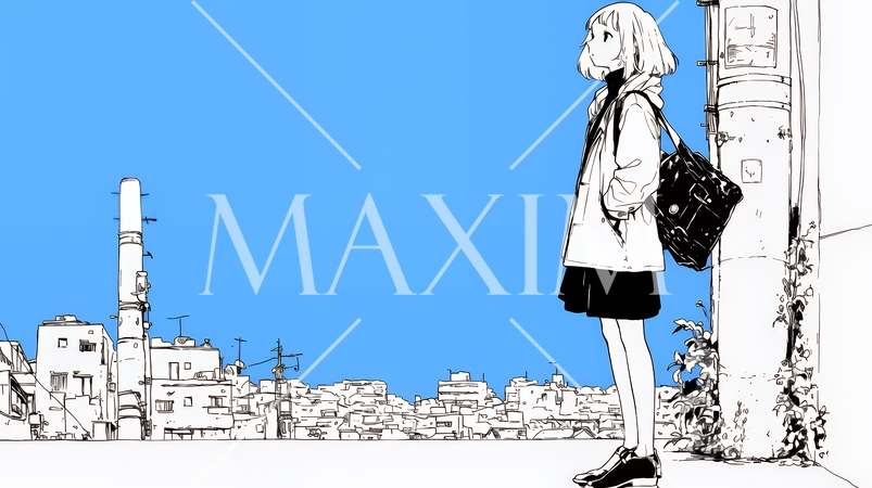 若い女性が佇む都市の街角（シンプルな色使い）