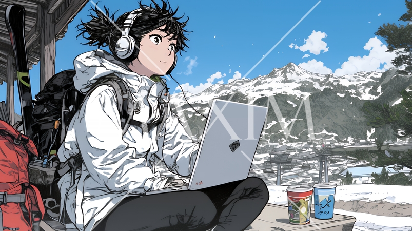 スキーリゾートに来ているのにPCを手放せない若い女性