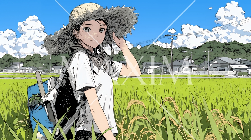 田んぼで農作業をしている女性