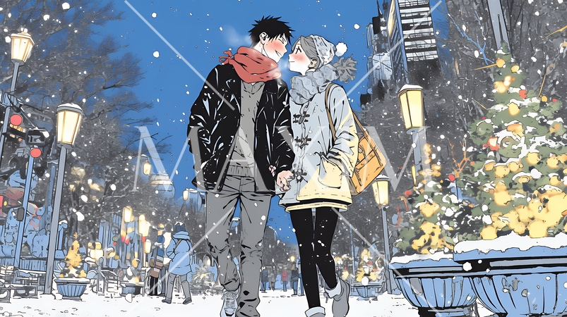 クリスマスのデートを楽しんでいる若いカップル