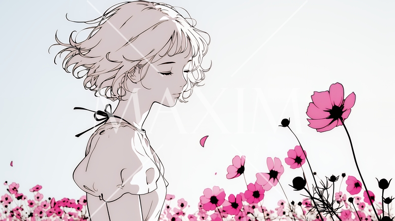 コスモス畑にいる若い女性（シンプルな色使い）