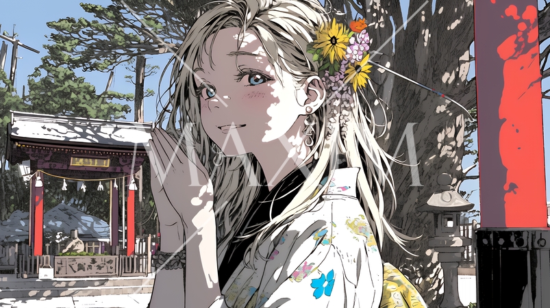 和服を着て初詣をしている若い女性