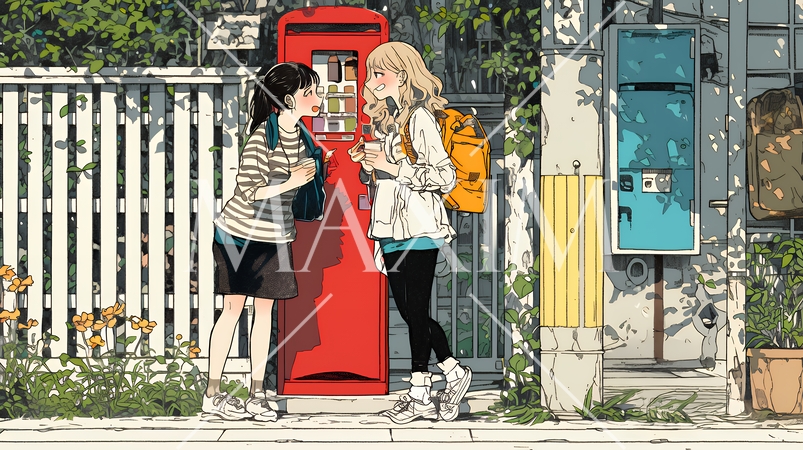 道端で会話を楽しむ若い主婦たち（ママ友たち）