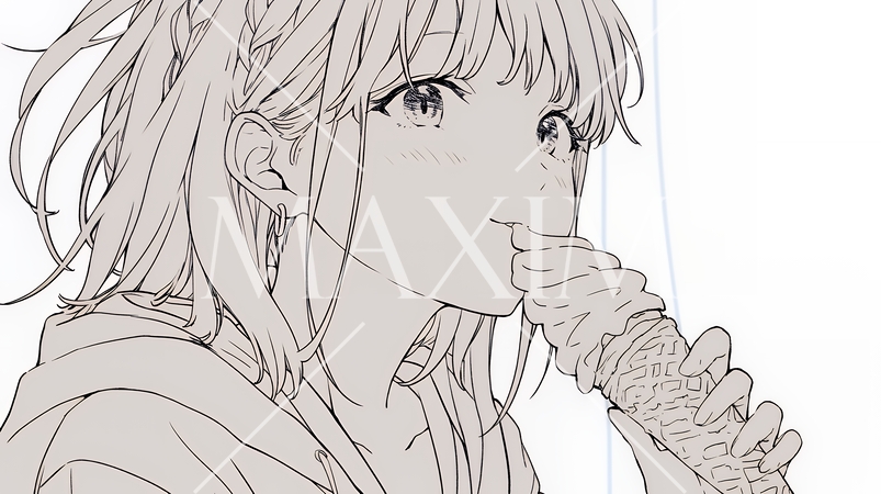 夏空の下でソフトクリーム（コーンに乗ったアイスクリーム）をたべる若い女性（シンプルな色使い）