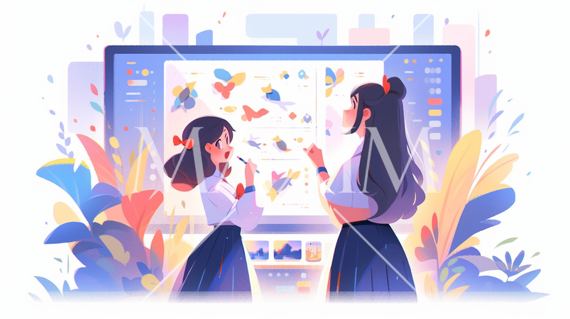 二人の女子高校生が課題発表をしている