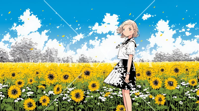 夏の晴天の日、ひまわりの畑を散策している若い女性