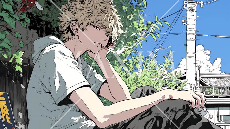 タバコをくわえて座り込んでいる若い男性