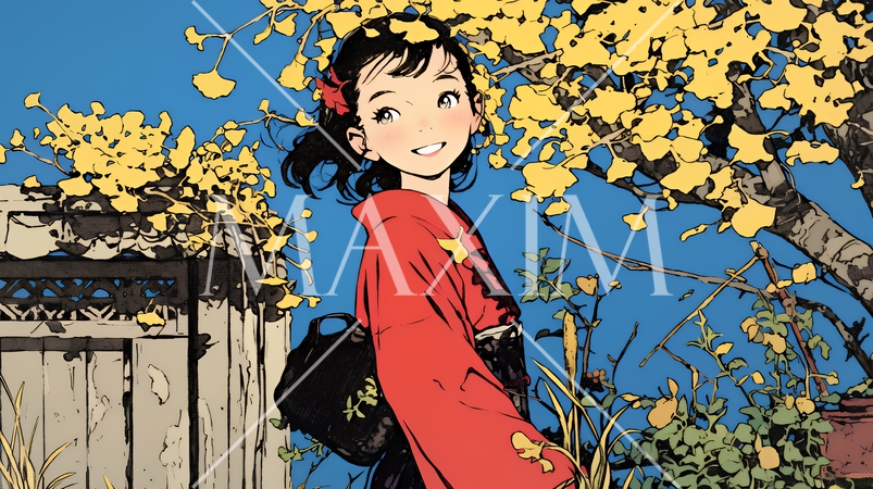 紅葉に包まれた中、着物を纏った若い女性が佇んでいる