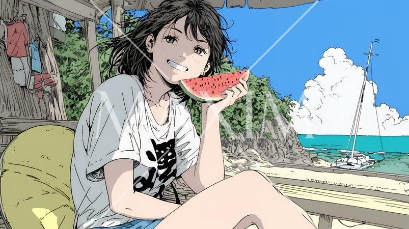 スイカを海辺て食べている若い女性