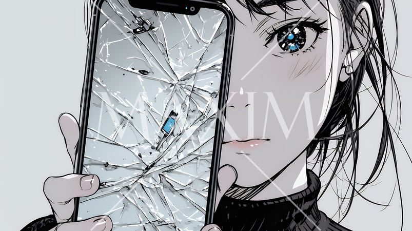 画面が壊れたスマホを手に持つ若い女性