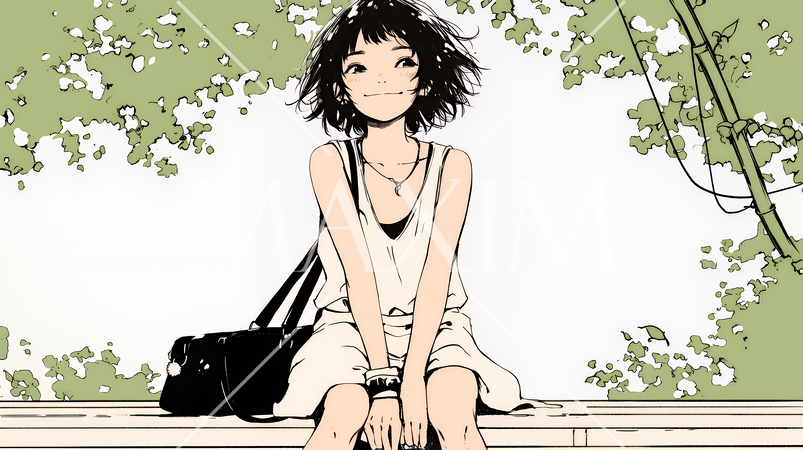 公園のベンチでひとり静かにくつろぐ若い女性（シンプルな色使い）