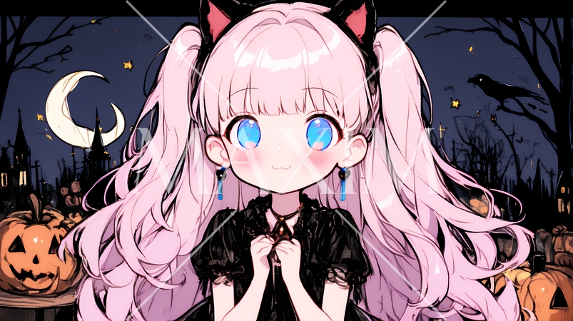 キモかわいいハロウィーンコスプレの女の子（クレヨンと水彩画風）