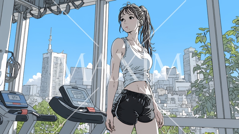 休日にジムで軽く運動する若い女性