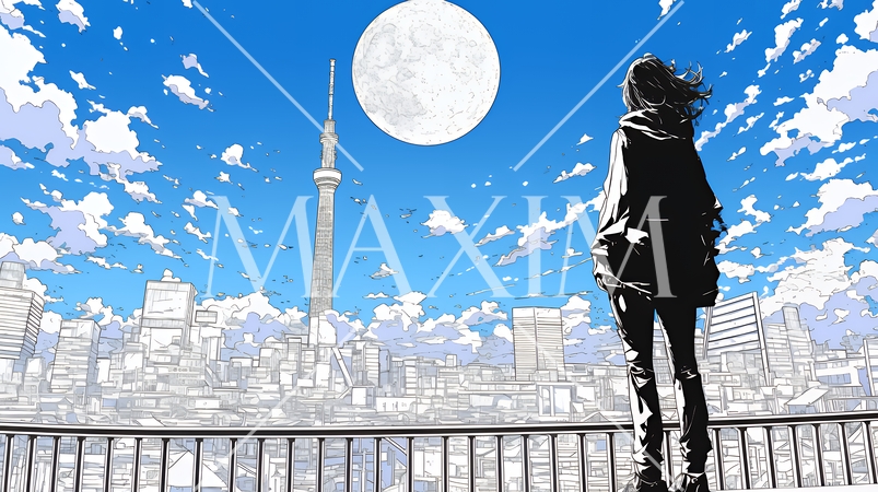 月見をしている若い女性