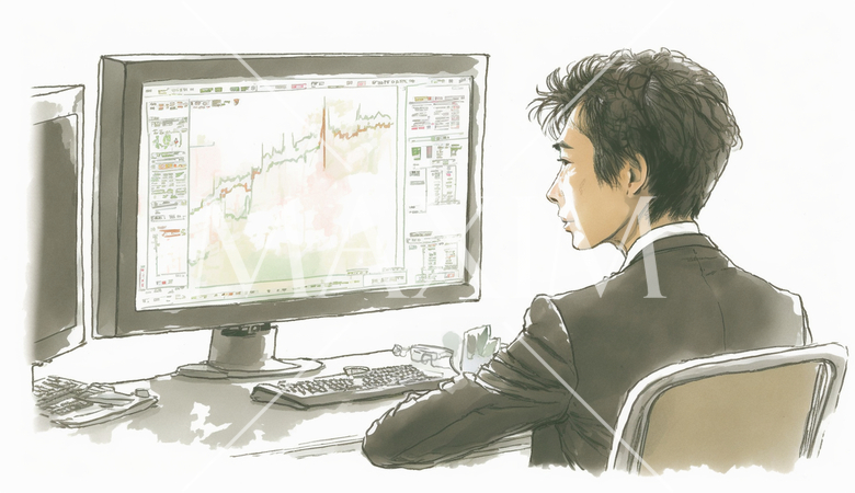 デスクに向かって取引画面を操作する男性トレーダーの横顔。