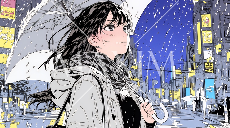 雨の日に傘をさして歩く若い女性