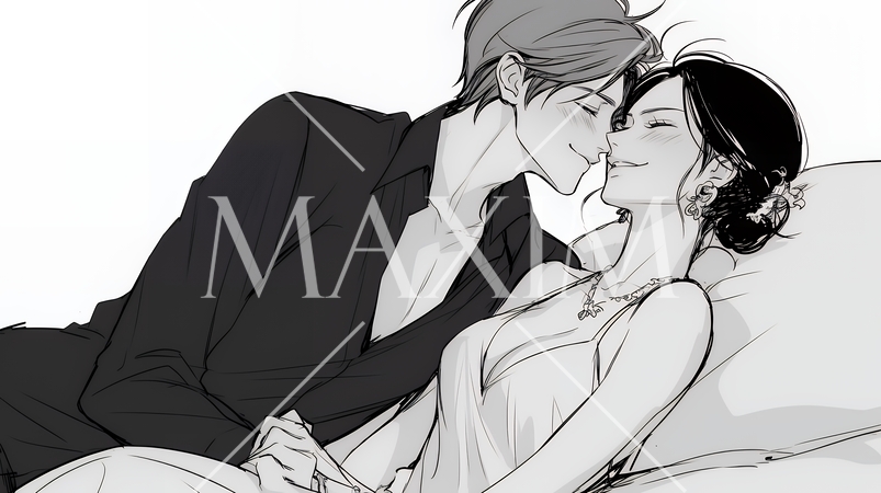 大人の時間：ソファーの上でいちゃついている若い男女（シンプルな色使い）