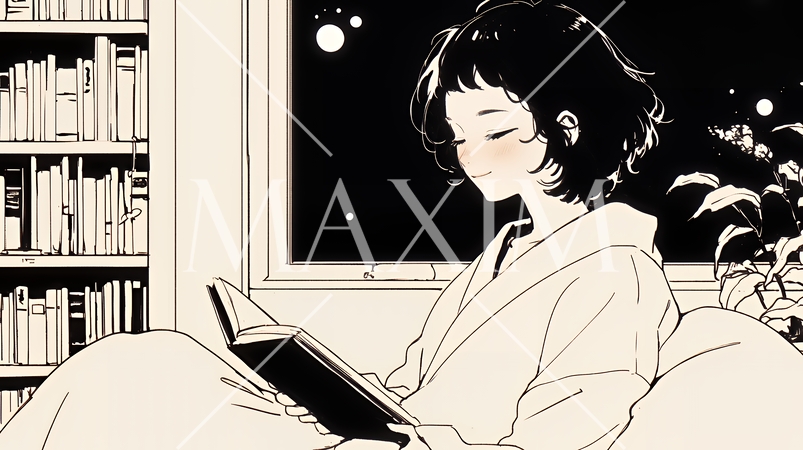 資料（本）を読みながら、うとうと眠ってしまう若い女性（シンプルな色使い）