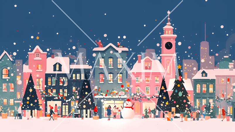 イルミネーションが彩るホワイトクリスマスの都会（ポップでキュートな表現）