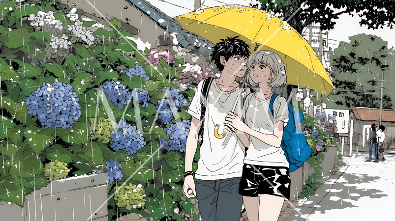 満開のあじさいの中を仲良く相合い傘で歩く若いカップル