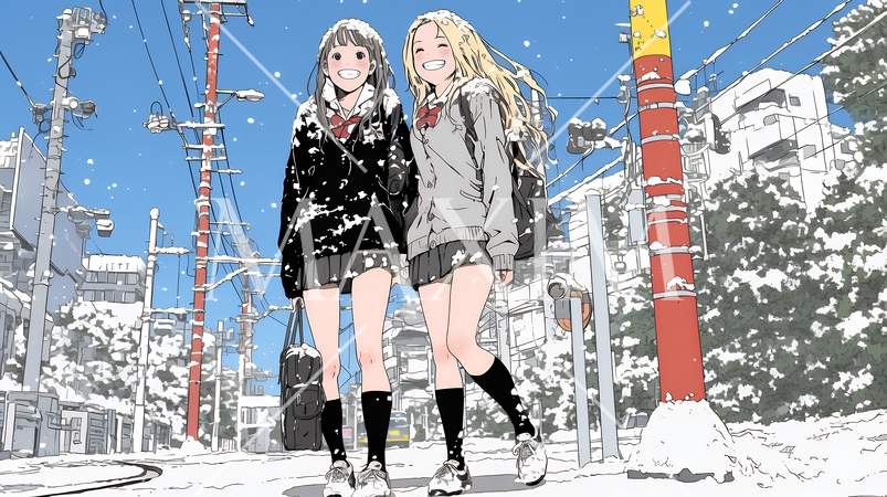 雪の日に友達と通学する女子高生