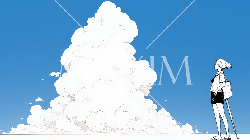 夏の海と入道雲と若い女性（シンプルな色使い）