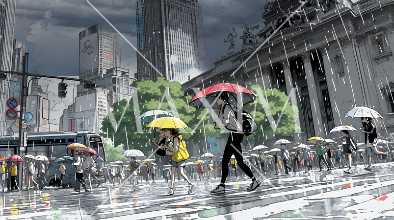 雨の中、黙々と通勤・通学をする人々