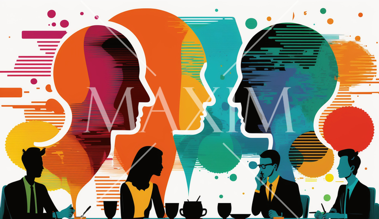 会議とブレインストーミング：人々が会議室で議論し、アイデアを出し合う場面。