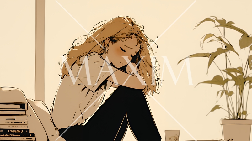 腹痛（生理痛）に苦しむ若い女性（シンプルな色使い）