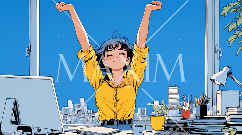 仕事の合間にストレッチ（伸び）をする女性