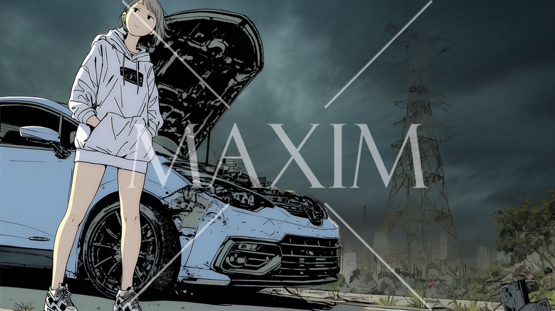 ドライブ中の車の故障・事故・トラブルで困っている女性（悪天候編）