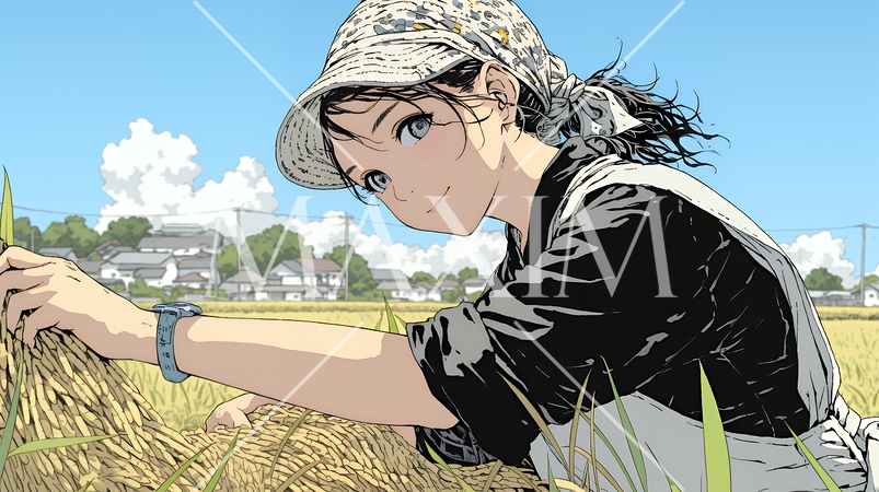 田んぼで農作業をしている女性