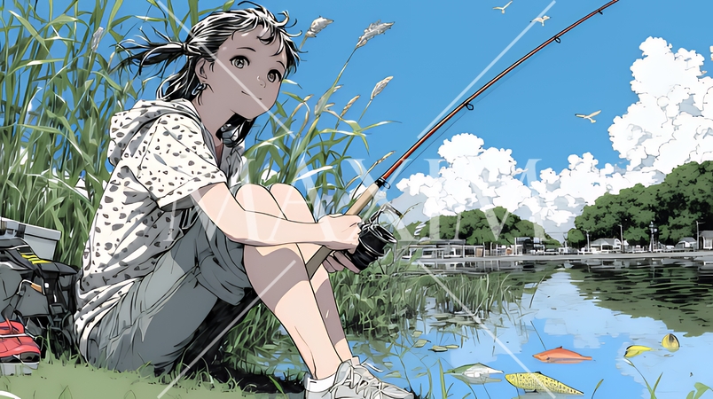 岸から魚釣りを楽しむ若い女性｜渓流・自然・アウトドア・ライフスタイル