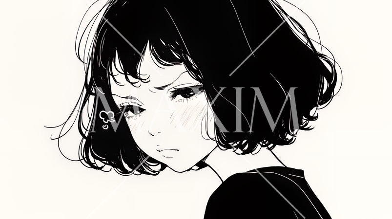 嫉妬の表情を浮かべる若い女性（シンプルな色使い）