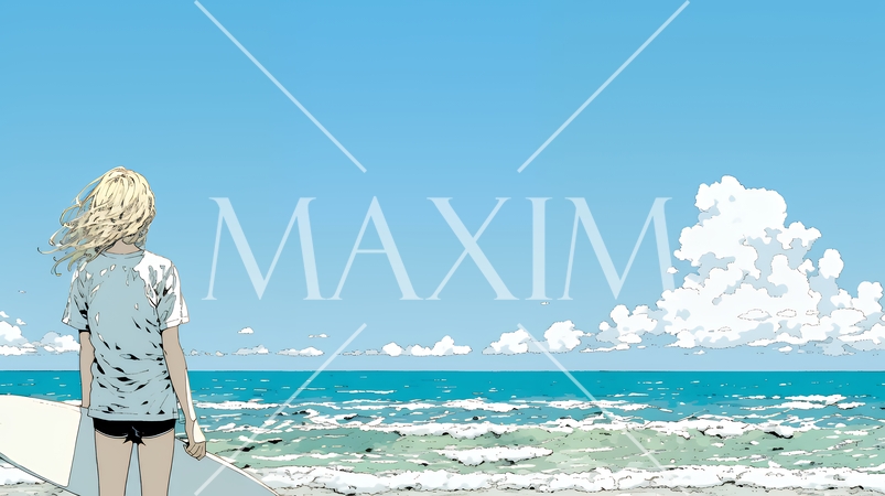 サーフボードを持ち海を見つめる若い女性｜ビーチ・リゾート・ライフスタイル・アウトドア