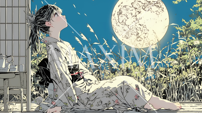 月見をしている和服姿の若い女性